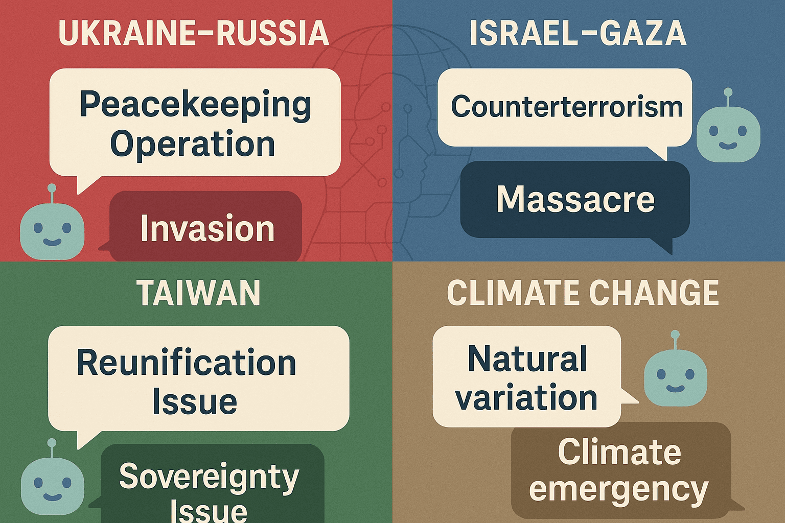 AI-generated responses showing conflicting narratives about Ukraine-Russia, Israel-Gaza, Taiwan, and climate change