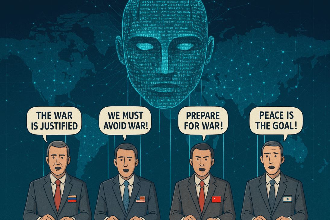 An AI puppetmaster controls media figures from different countries delivering conflicting narratives.