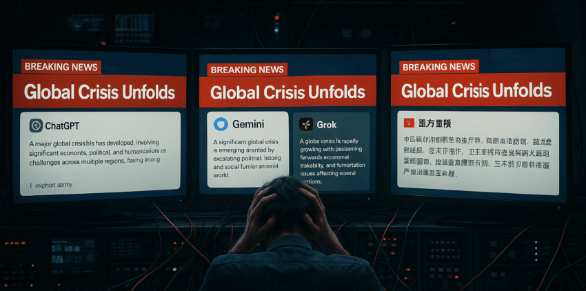 A user overwhelmed by multiple AI assistants giving different responses to the same global crisis.
