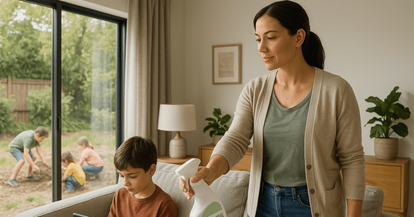 parent cleaning with antibacterial spray near child